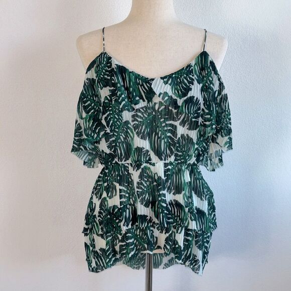 Banana Republic Cold Shoulder Pleated Flounce Top Tropical Palm Leaf Top Sz 4 - Picture 2 of 12
